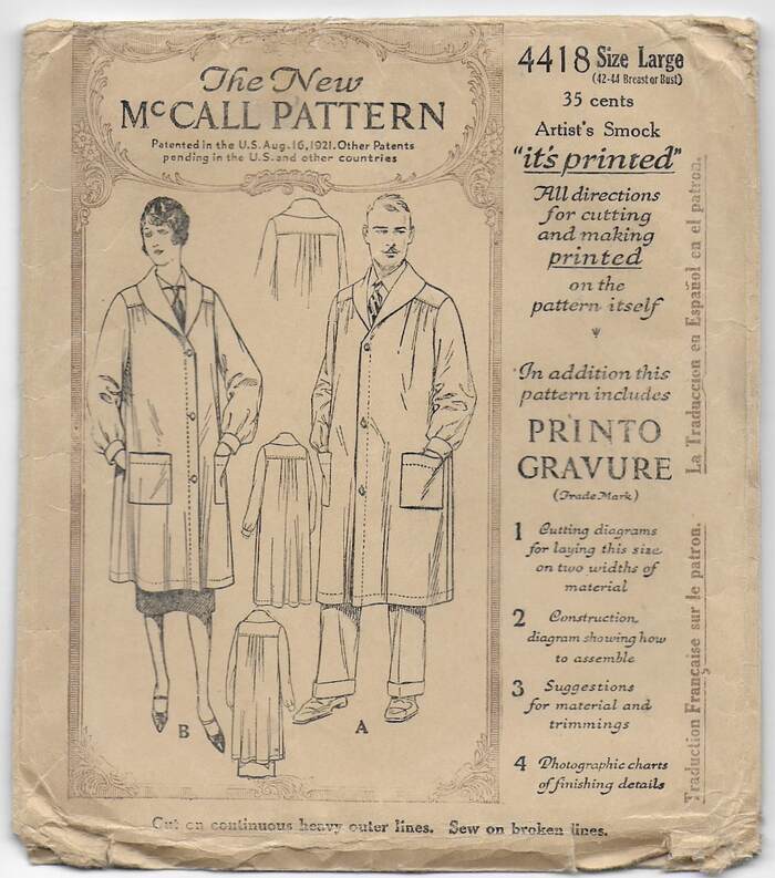 Rare, Original Vintage 1921 McCall Pattern 4418 ARTIST'S SMOCK 42-44 Large