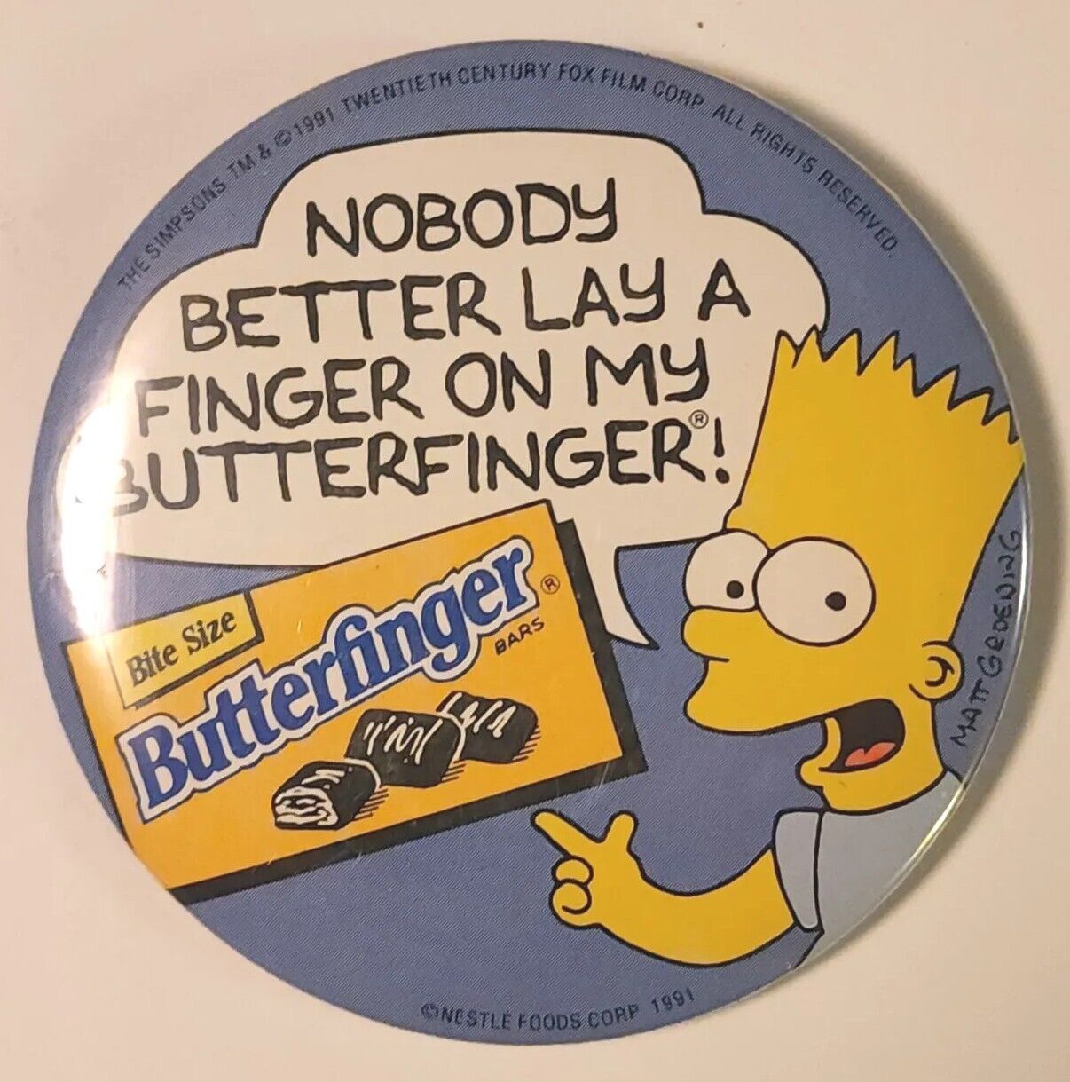 Butterfinger Bar Pin Pinback Bart Simpson Vintage 90s Nestle Candy Box Halloween