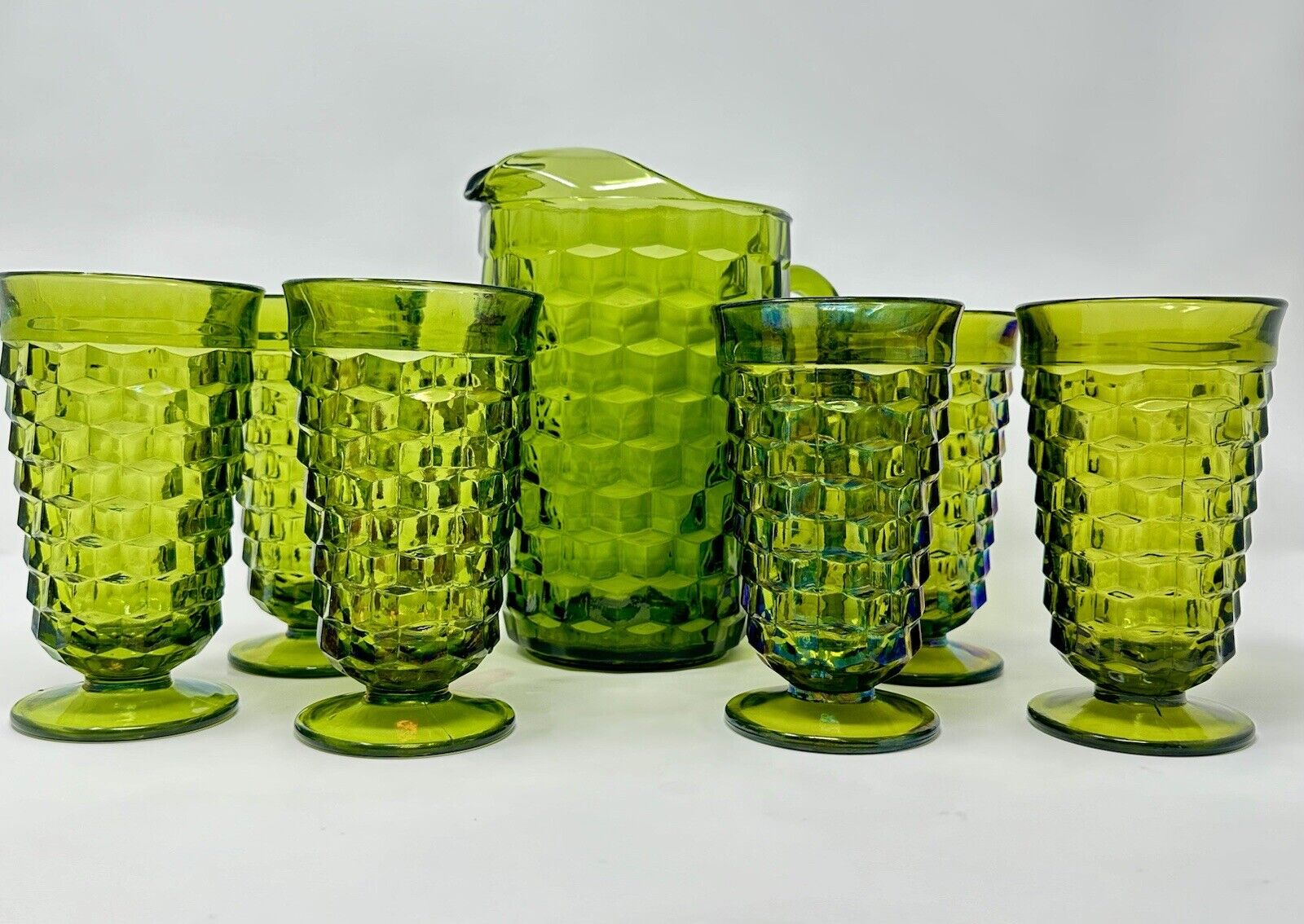 Indiana Glass Whitehall Avocado Green Cubist Pitcher & 6 Footed Glasses