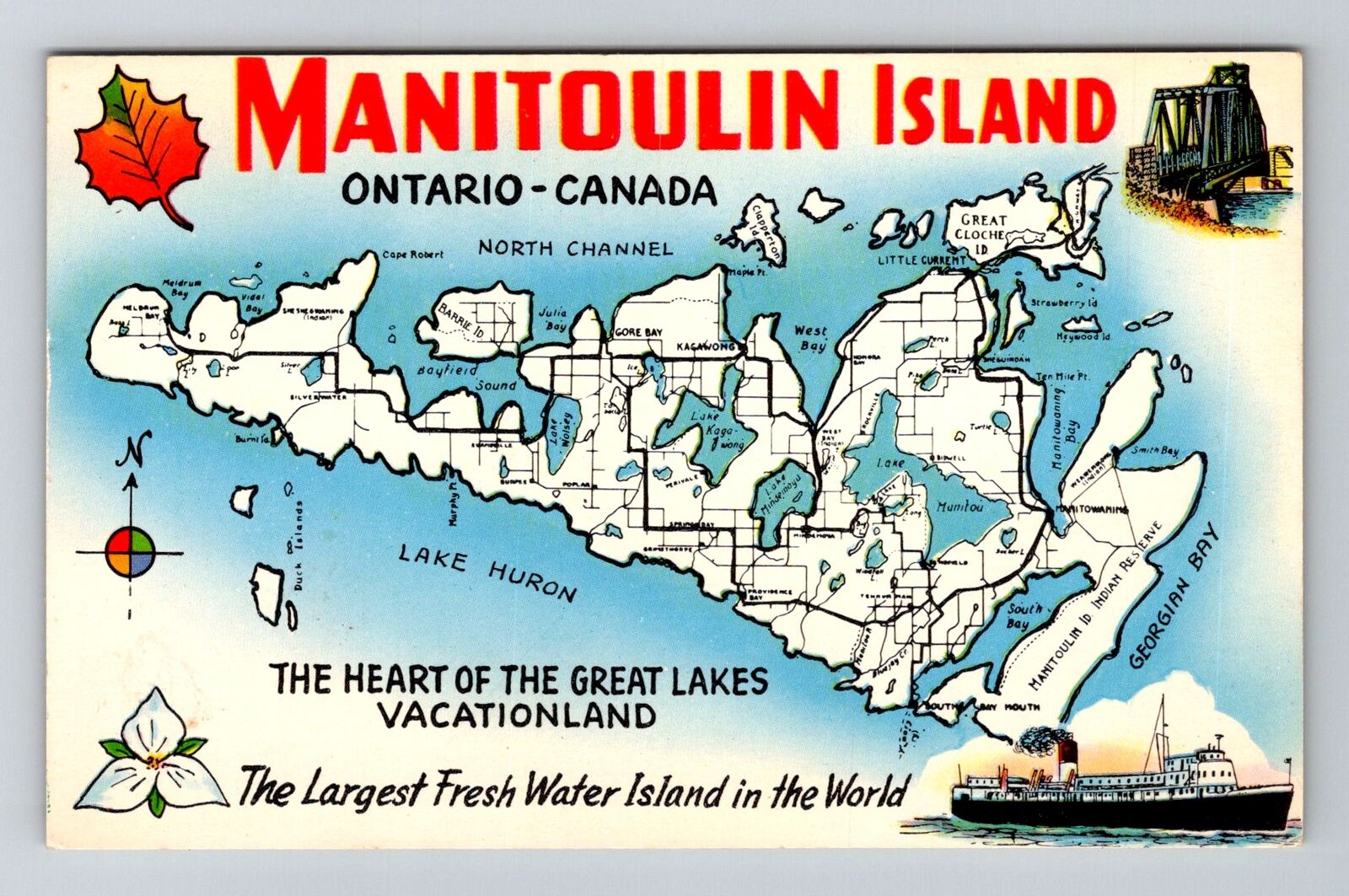 Manitoulin Island, Ontario, Map Antique, Vintage Souvenir Postcard