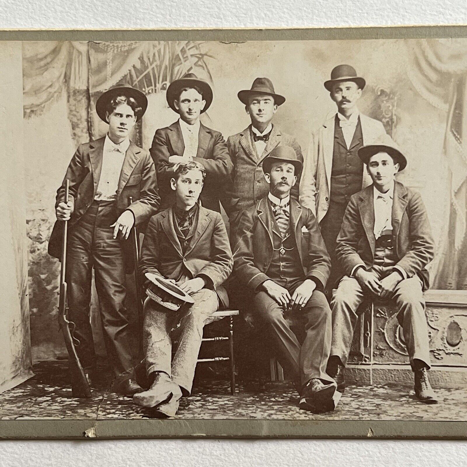 Antique Cabinet Card Photograph Handsome Young Men Cowboy Rifle Gun Buffalo NY