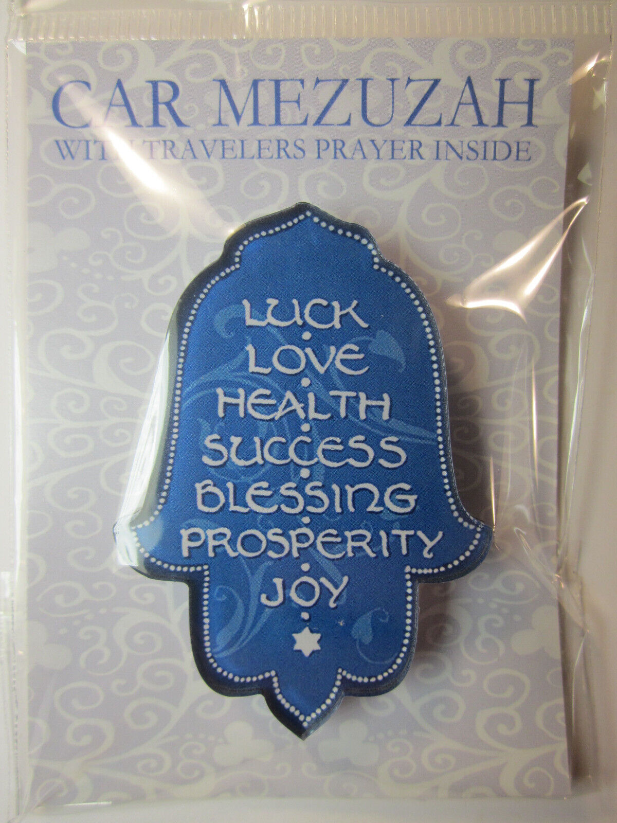 Car Mezuzah Acrylic BLUE HAMSA SEVEN BLESSINGS with Travelers Prayer