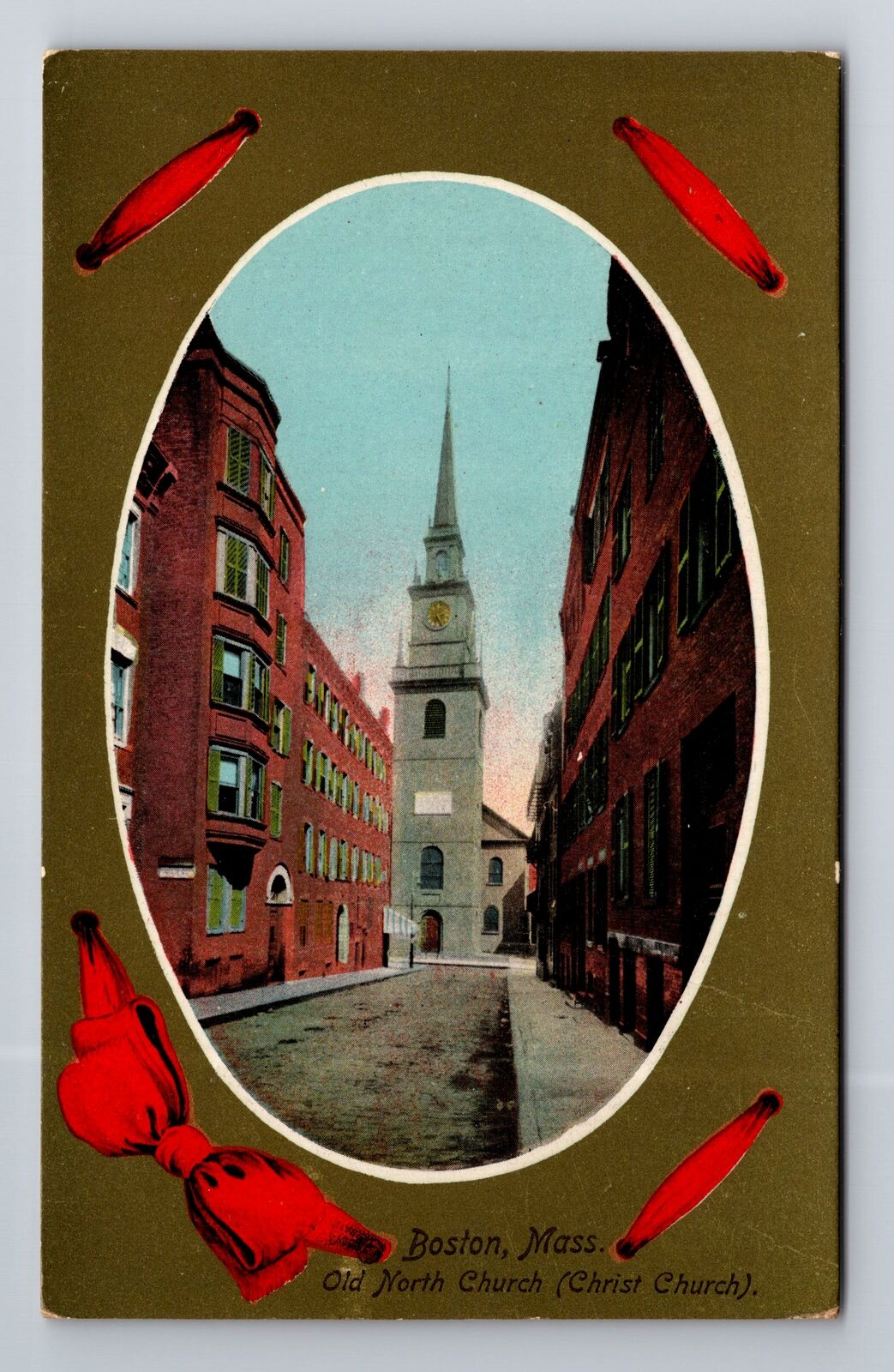 Boston MA-Massachusetts, Old North Church, Red Ribbon, Vintage Souvenir Postcard