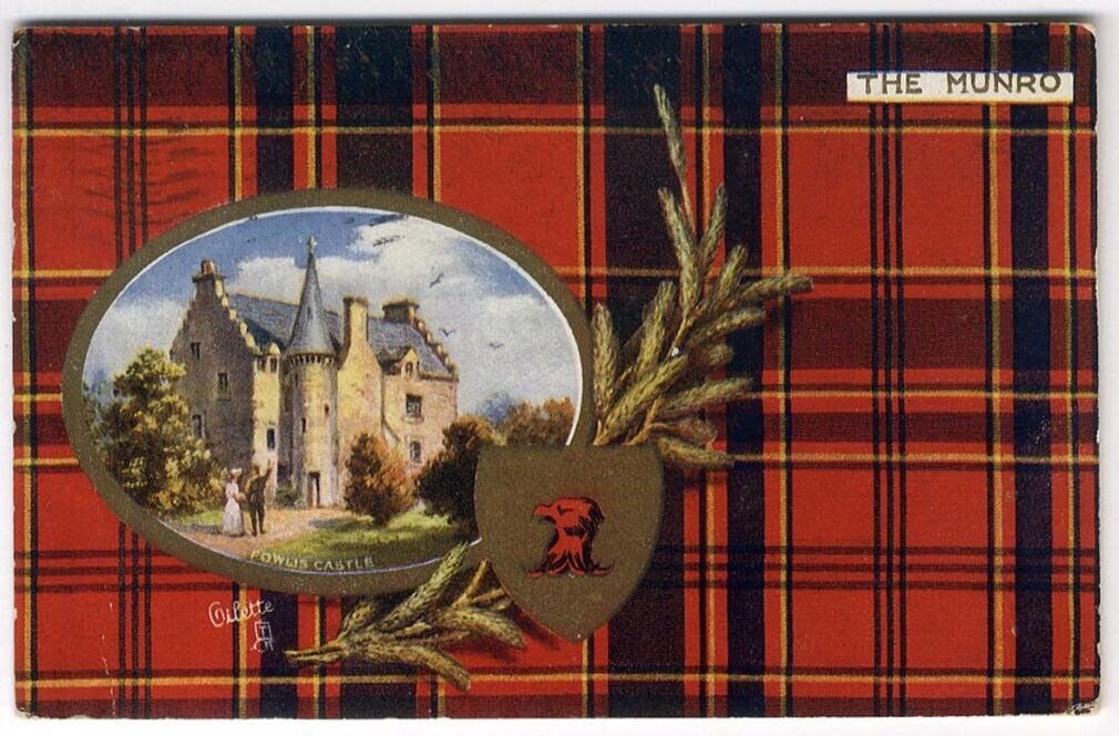 MUNRO TARTAN Scotland 1909 Postcard FOWLIS CASTLE Coat of Arms