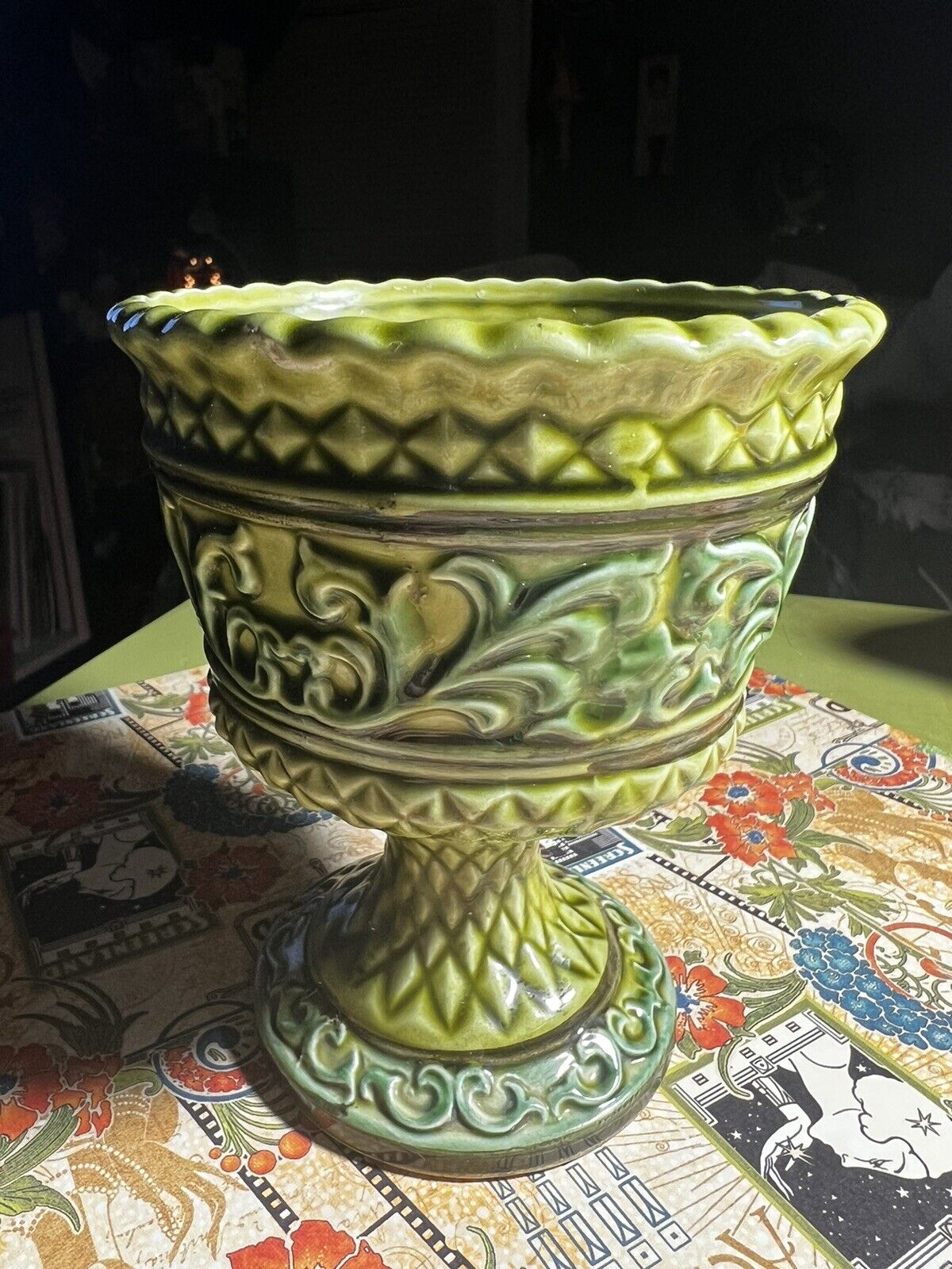 Vintage Lefton 50s Ceramics Green Grapes Pedestal Pillar Candle Holder
