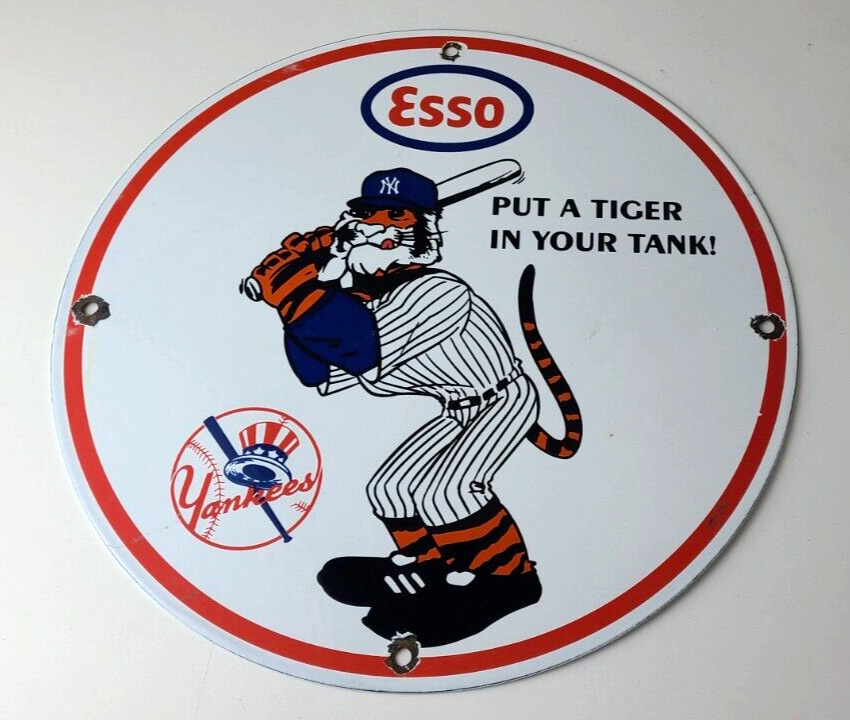 Vintage Esso Gasoline Sign - Yankees Gas Service Station Baseball Porcelain Sign