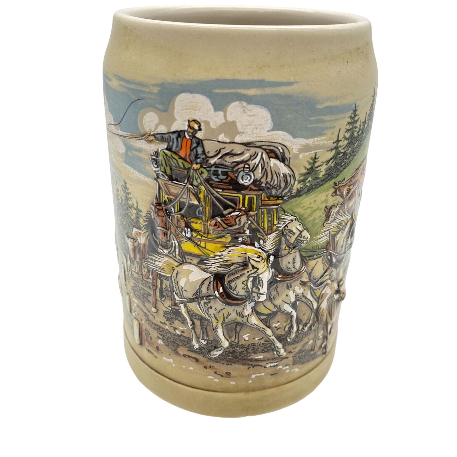 VTG German Beer stein mug tankard 3D image Stage coach horses western theme