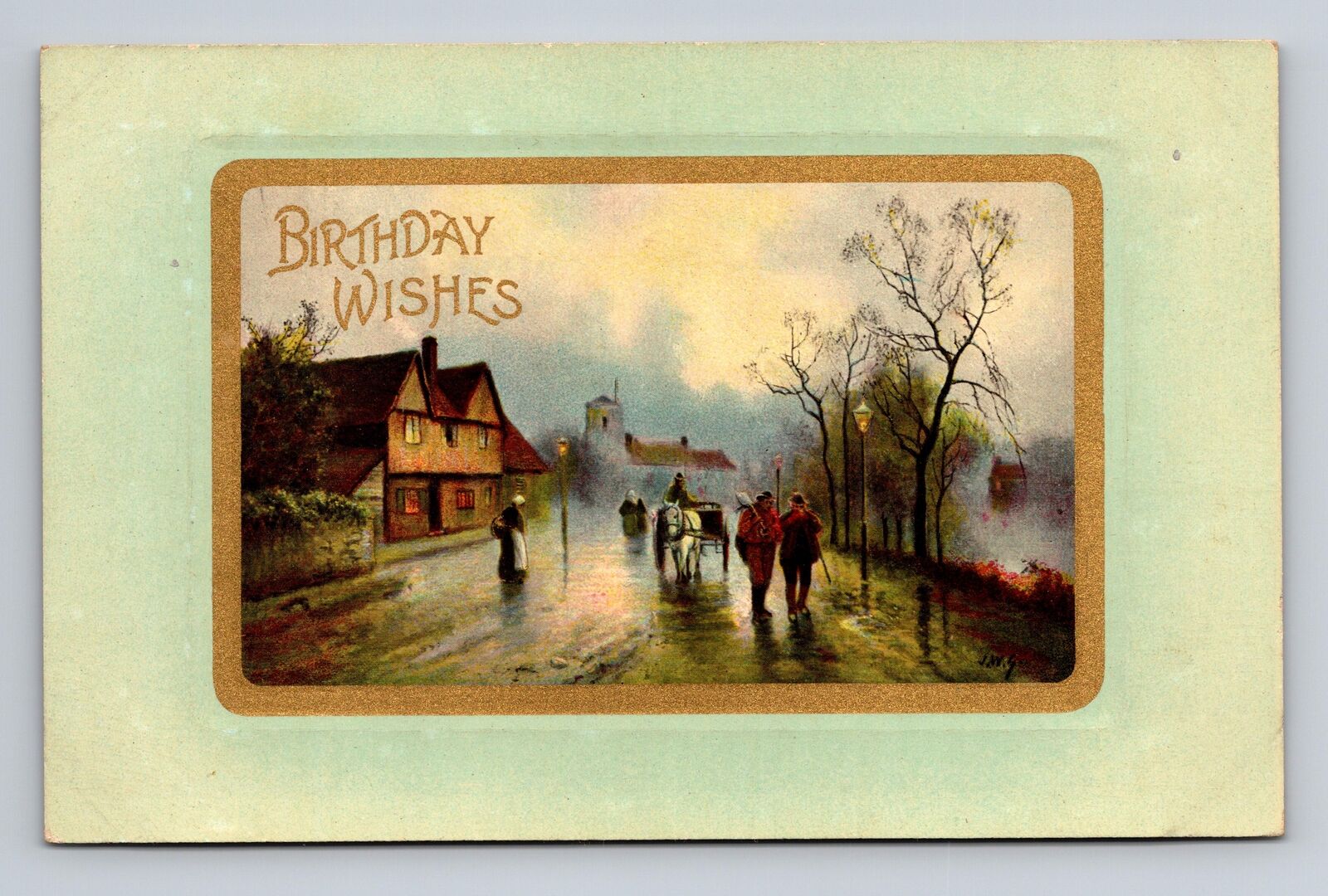 DB Postcard European Town Street Scene Birthday Wishes Gel?