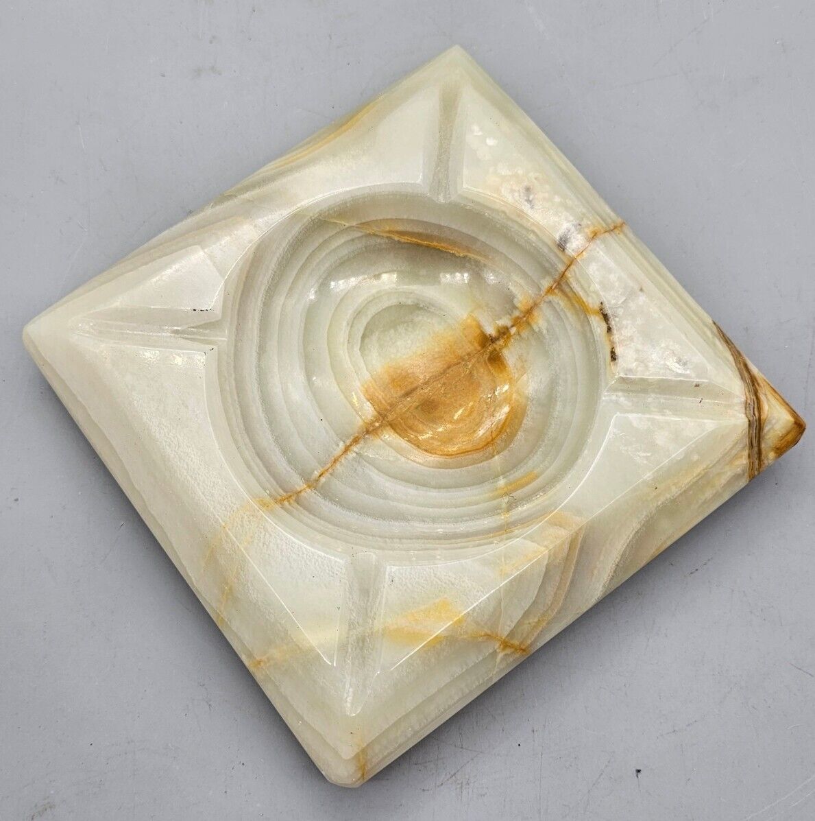 Onyx Alabaster Marble Carved Stone Ashtray Coin Dish MCM  6x6