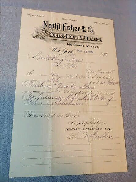 1890s Nath\'l Fisher & Co Boots Shoes Rubbers Letter Head Stationary NY Duane St