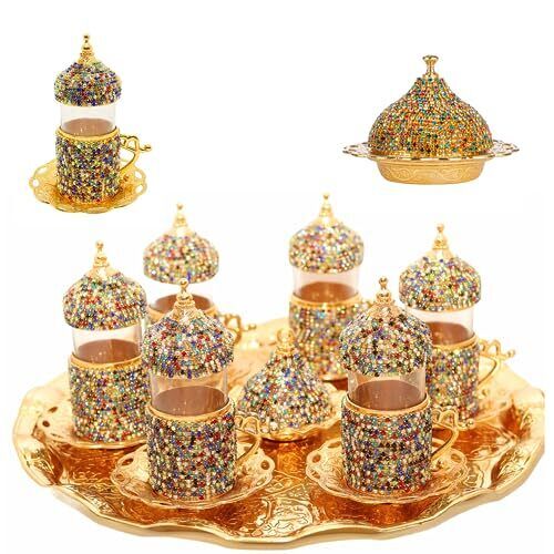 Alisveristime Crystal Embellished Turkish Tea Glass Set Zamak Holders