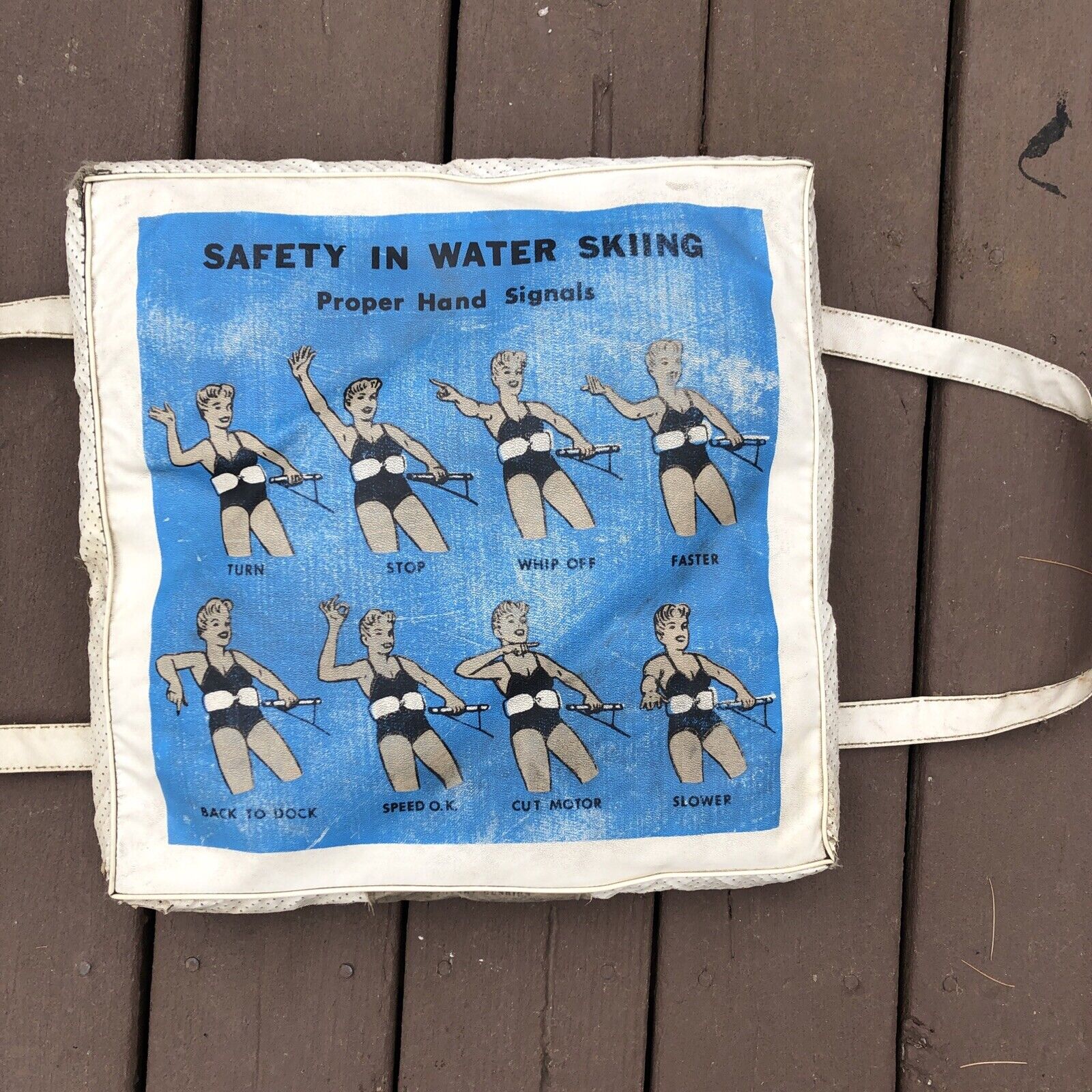 Vtg “Water Ski Safety Signals” Boat Seat Cushion Buoyant Life Preserver- Decor