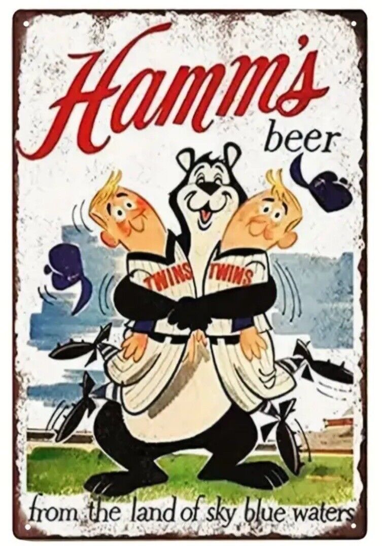 Minnesota Twins Hamms Beer Bear The Land of Sky Blue waters Tin Sign 8\