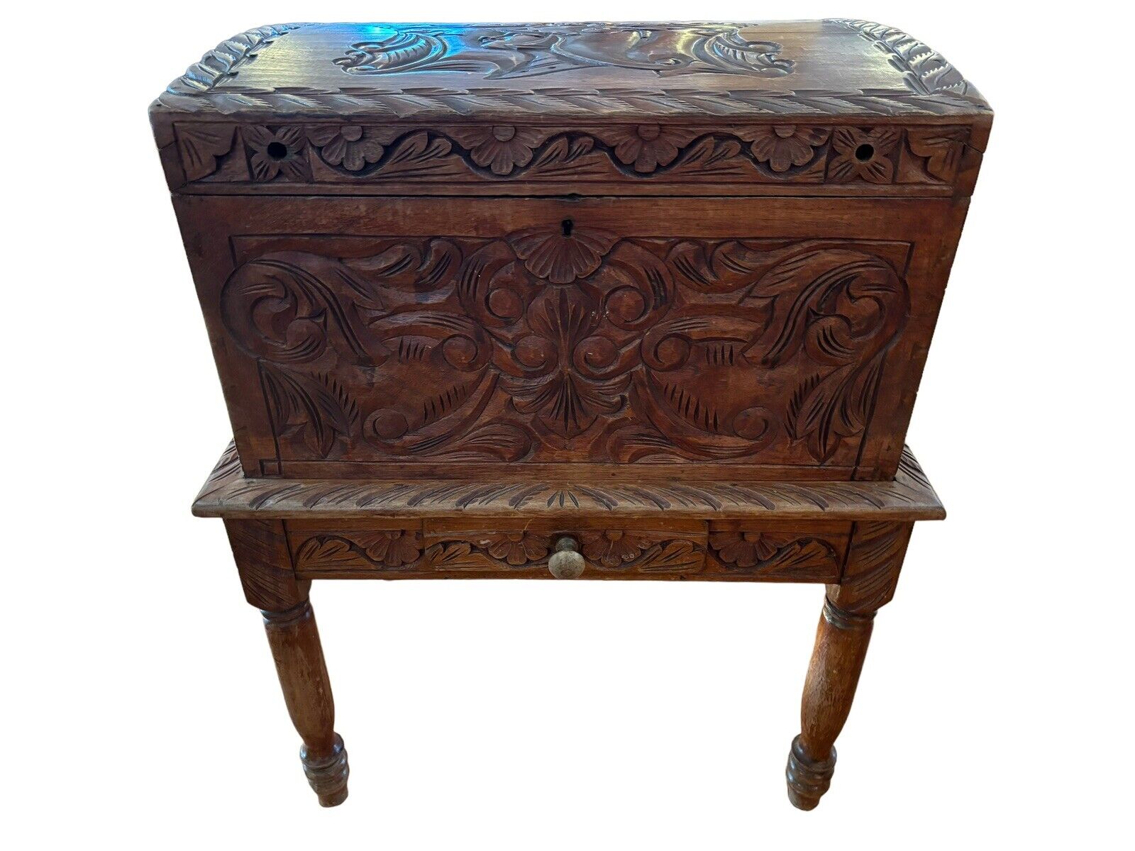 European Carved Wood Box On Stand