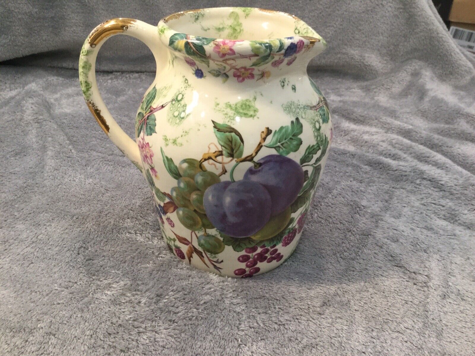 Fruit Pitcher Hand Painted Fruit And Gold Highlights Small, Vintage, Sugned