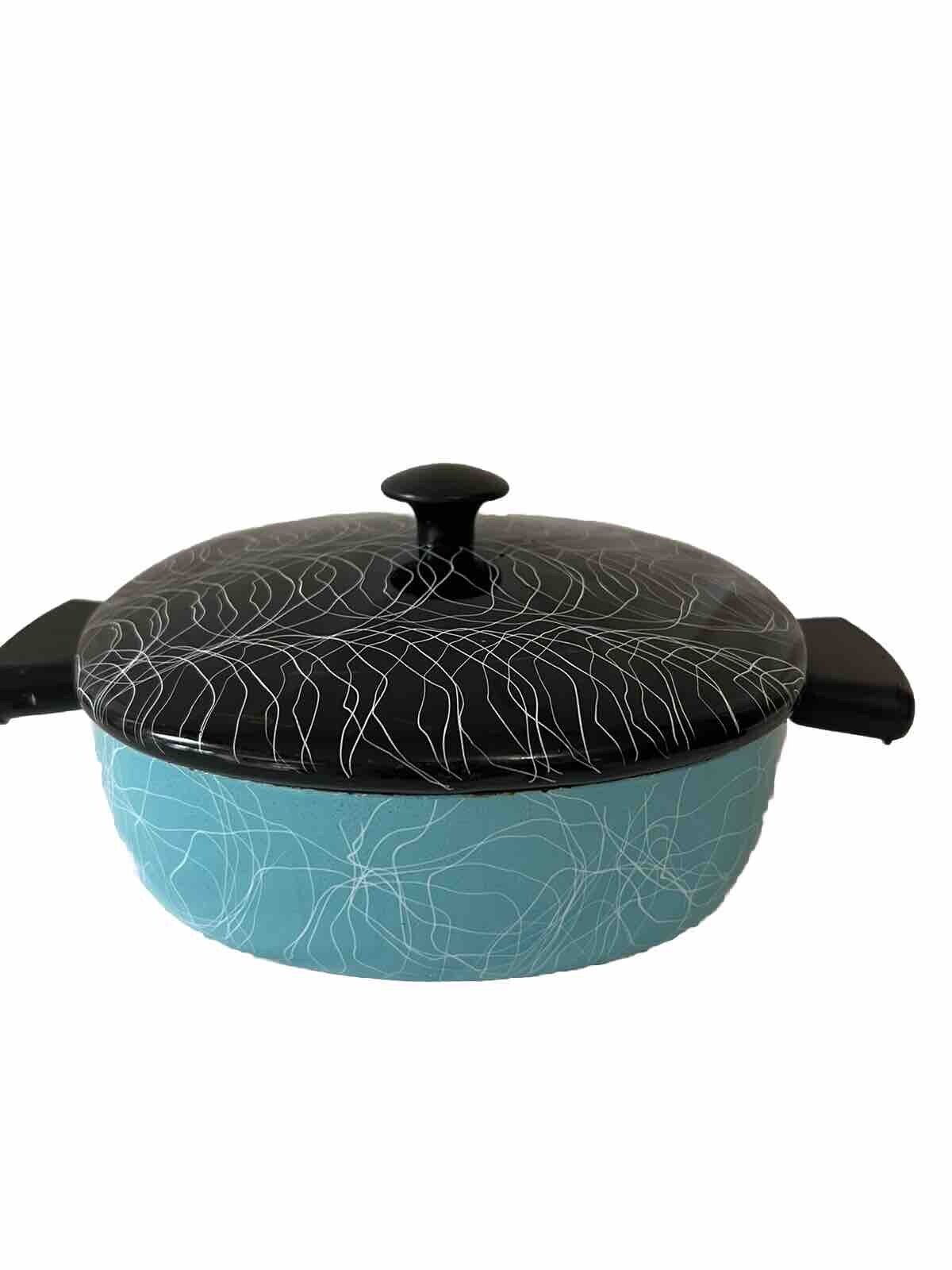 Vintage Serendipity Turquoise & Black Spaghetti Enamel Ware Swirl Pan with Lid 
