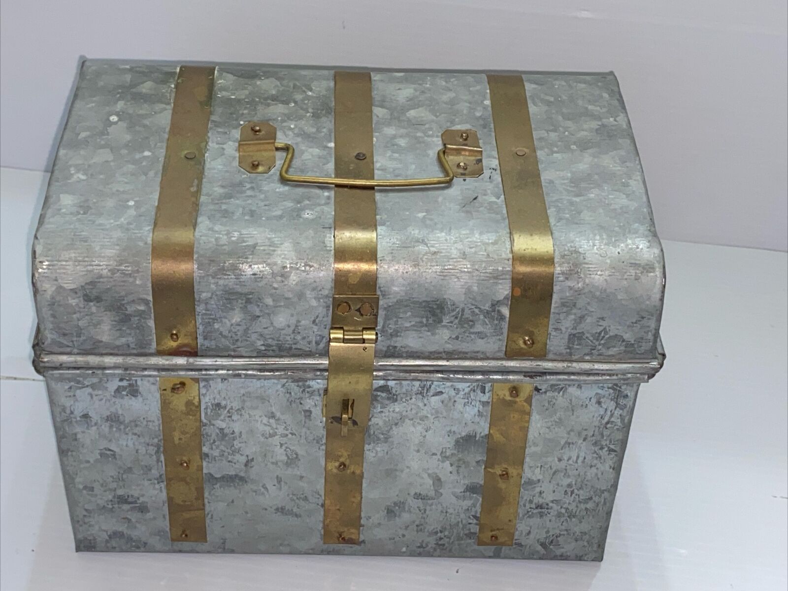 Vintage Galvanized Metal & Brass Storage Box Well Made
