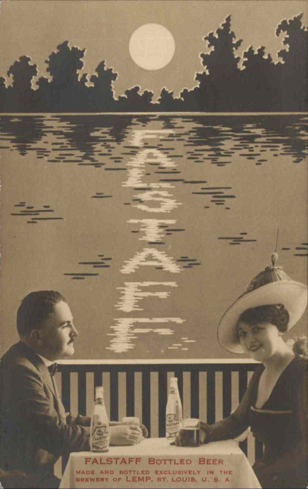 Beer Advertising Falstaff Lemp Moonlight Romance c1910s Real Photo Postcard