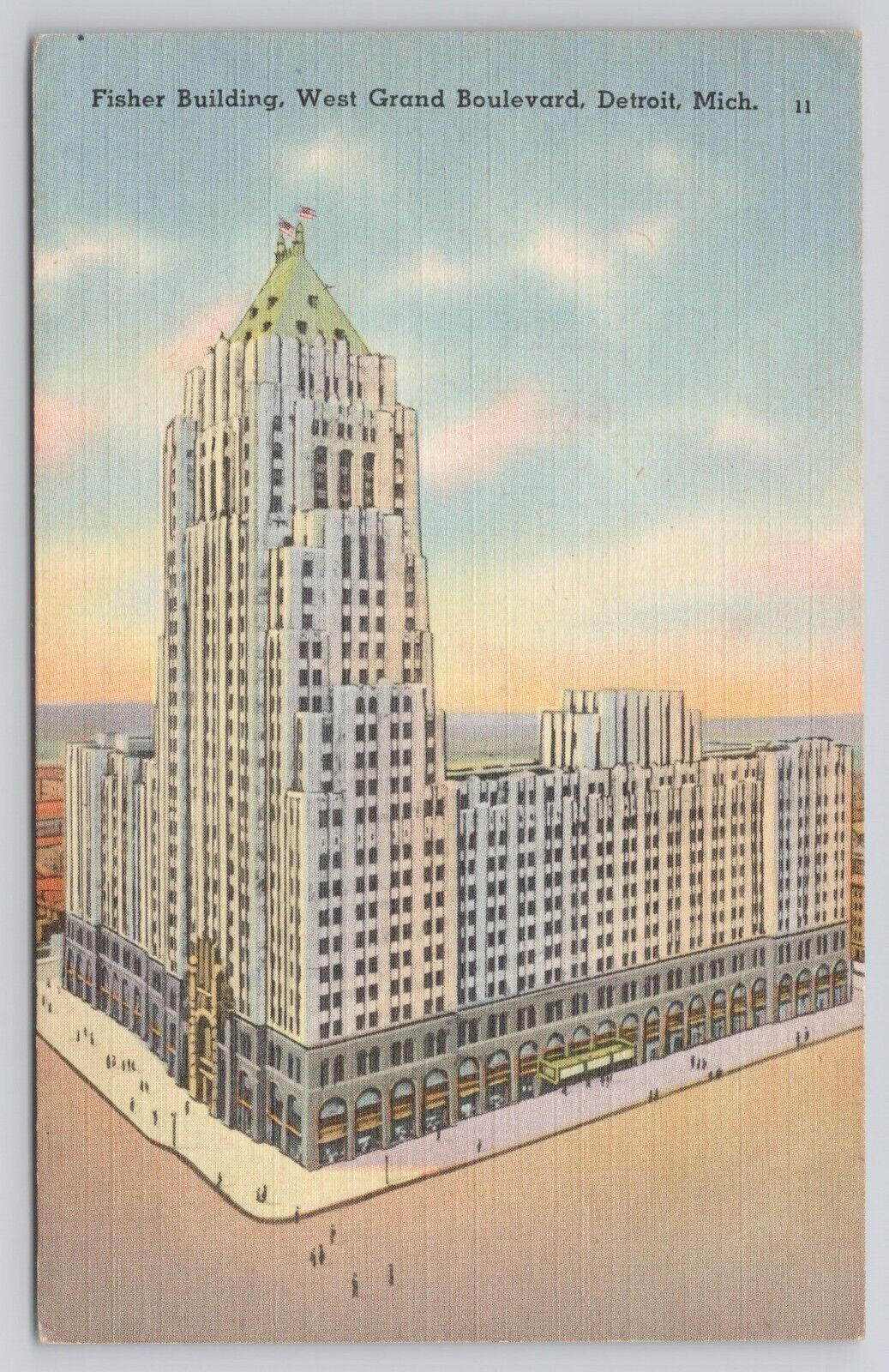 Detroit Michigan Fisher Building West Grand Blvd Posted 1943 Vintage Postcard