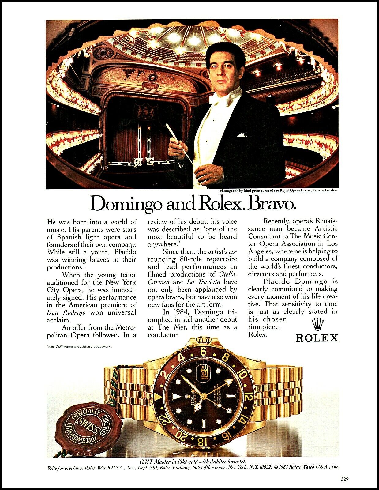 1989 Rolex GMT Master 18kt Gold watch Placido Domingo retro photo print ad ads69