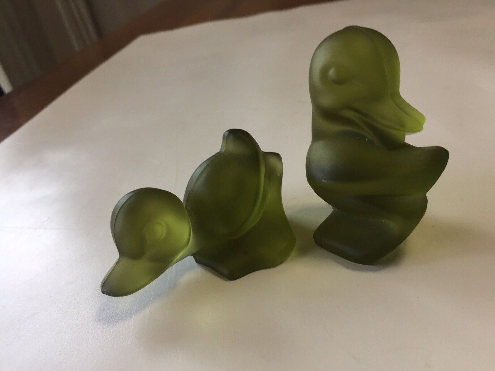 Fostoria Green Frosted Glass Ducklings Set of 2 of 4 Set Small Figurines