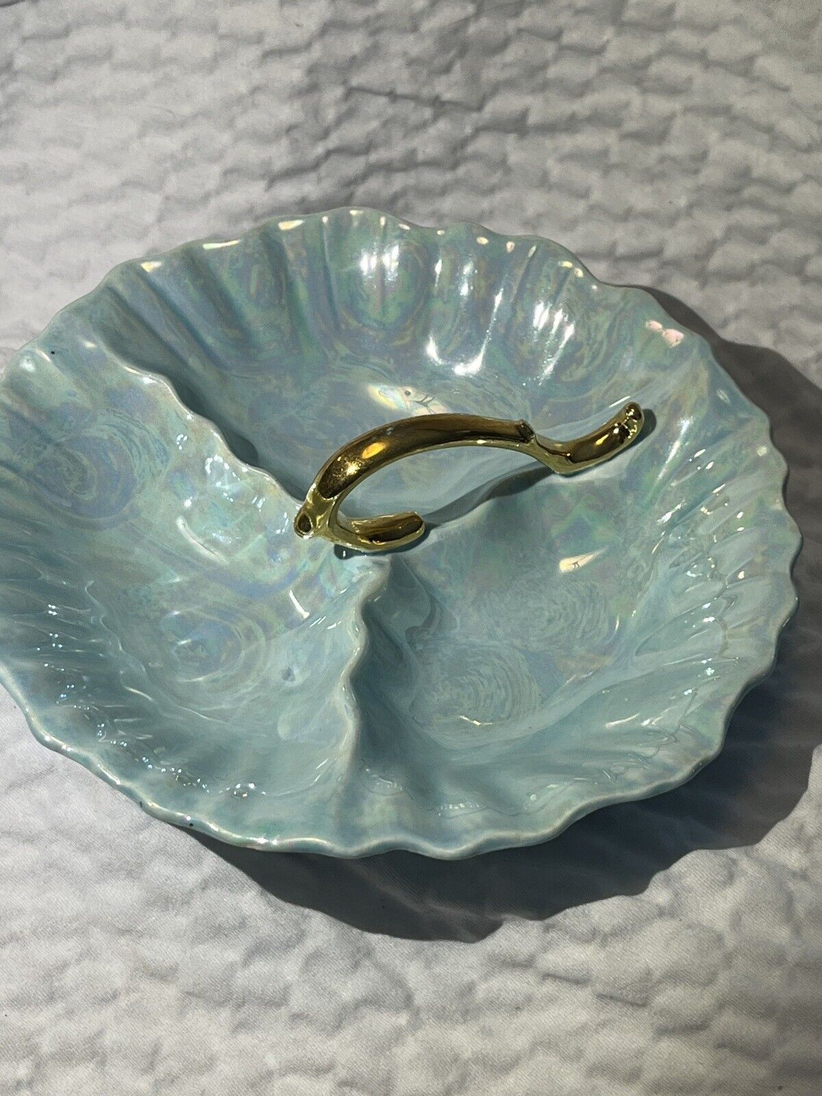 Vintage CG 22 Kt Gold & Opalescent Baby Blue Candy Dish / Serving Bowl SIGNED