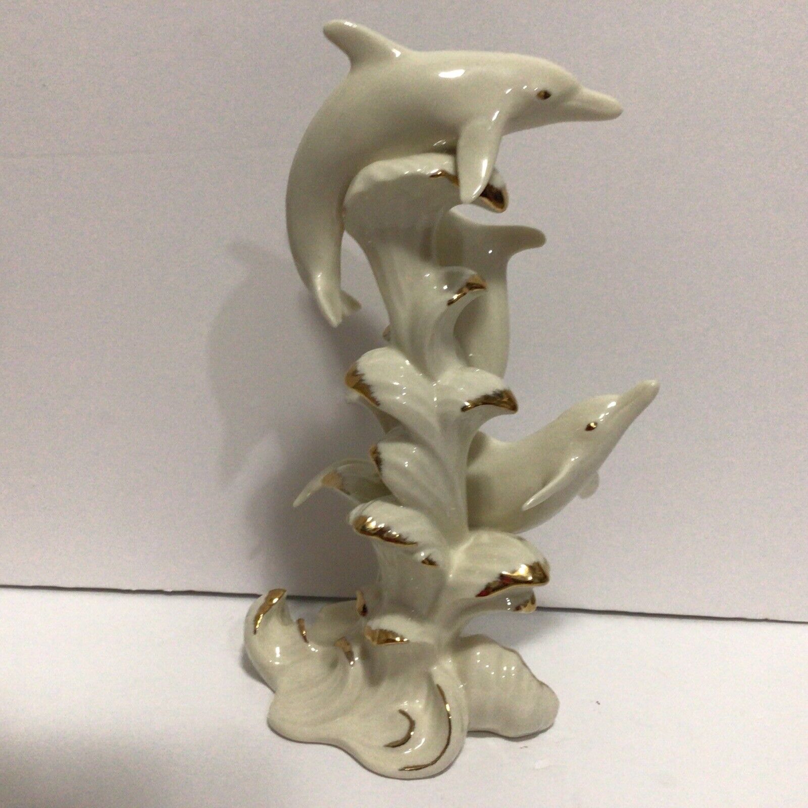 Rare Lenox Wave dancers Cream & Gold Dolphins Figurine Vtg Porcelain