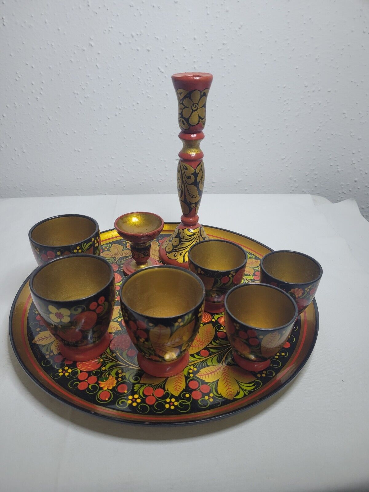 VTG~KHOKHLOMA~9 Piece WOOD TRAY/CANDLE HOLDER/CUPS Russian Design 