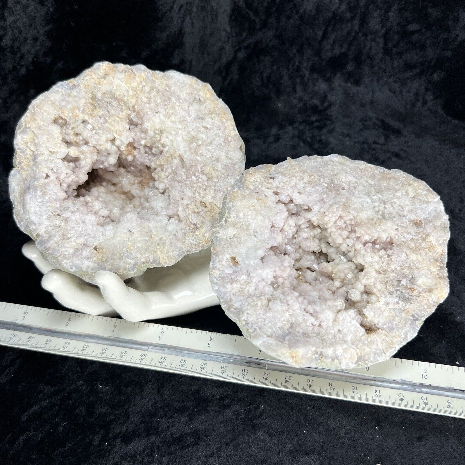 4-3/4” Large Amethyst Hue Milky Quartz Crystal Cluster GEODE Matching Pair