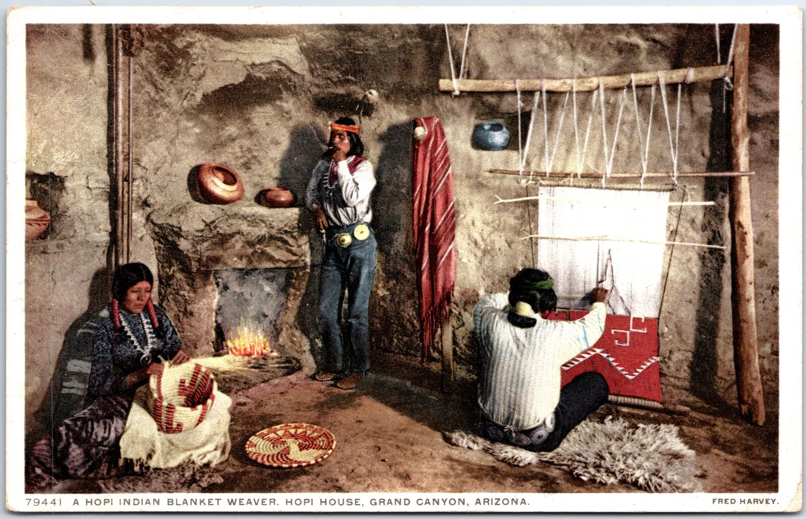 VINTAGE POSTCARD HOP INDIAN BLANKET WEAVER & HOME VERY EARLY FRED HARVEY c. 1912