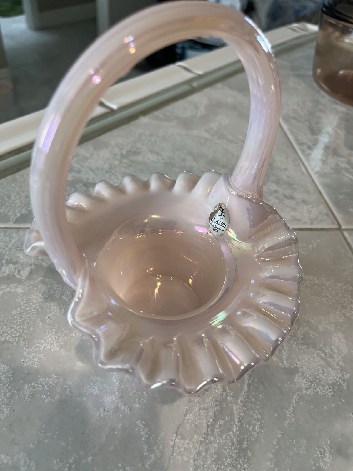 Fenton Glass Basket Pink Opalescence Pink Handmade in USA w/Label