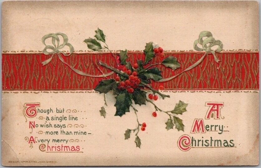 Vintage Winsch MERRY CHRISTMAS Embossed Postcard Holly / 1920 Cancel
