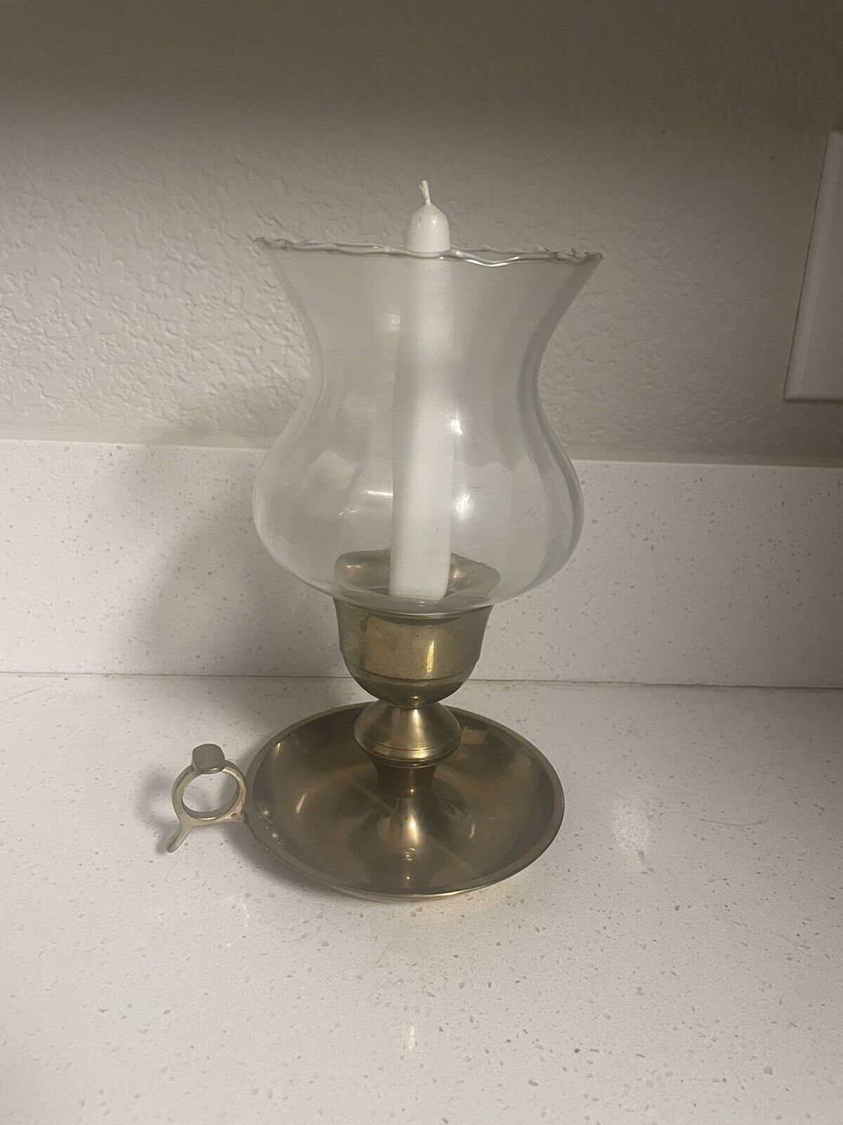 Vintage Brass Chamberstick Candle Holder w  Glass Hurricane Shade