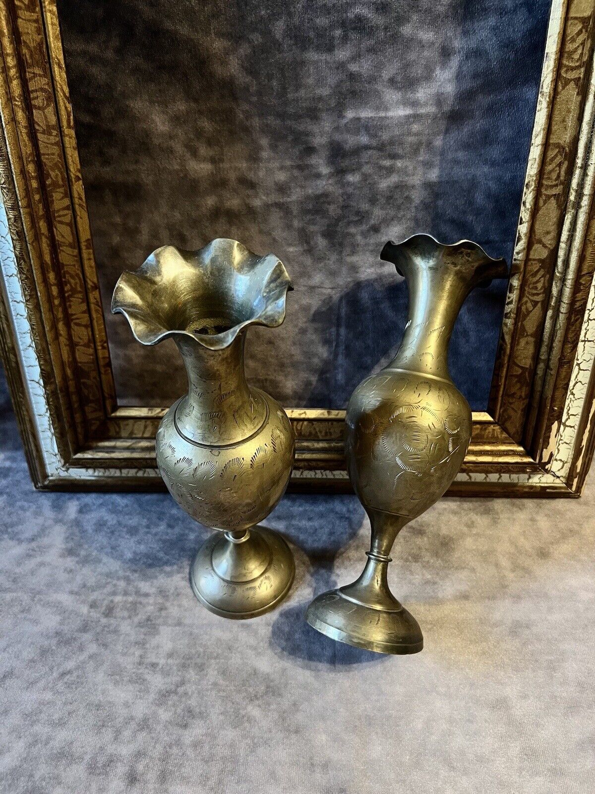 Pair of Vintage Brass Vases with Floral and Leaf Etchings, Made in India Used