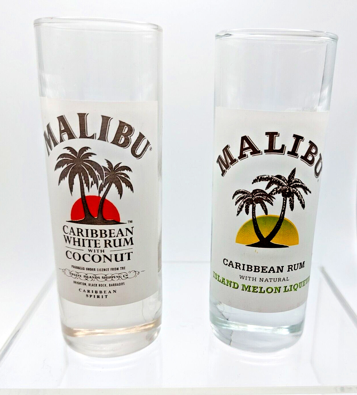 2 MALIBU Caribbean White Rum with Coconut Melon Double Shot Glasses 