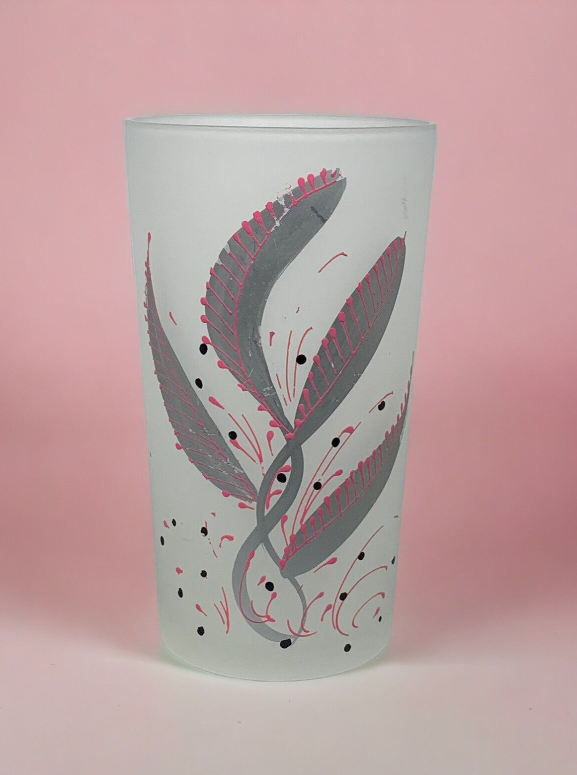 Hand Painted Frosted Glass Gray & Pink Feathers Vintage Juice Glass Gayfad