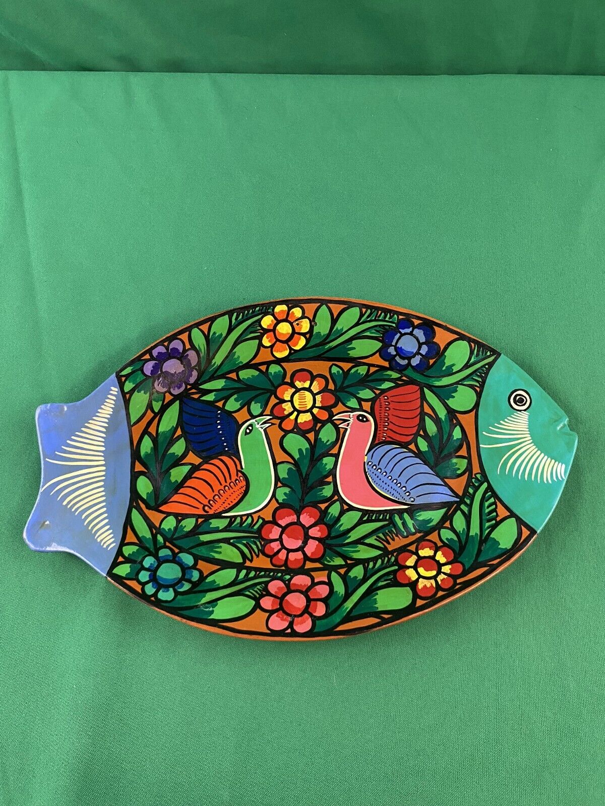 Beautiful Terra Cotta Clay Dish Fish Shaped Hand Painted Birds Bright & Colorful