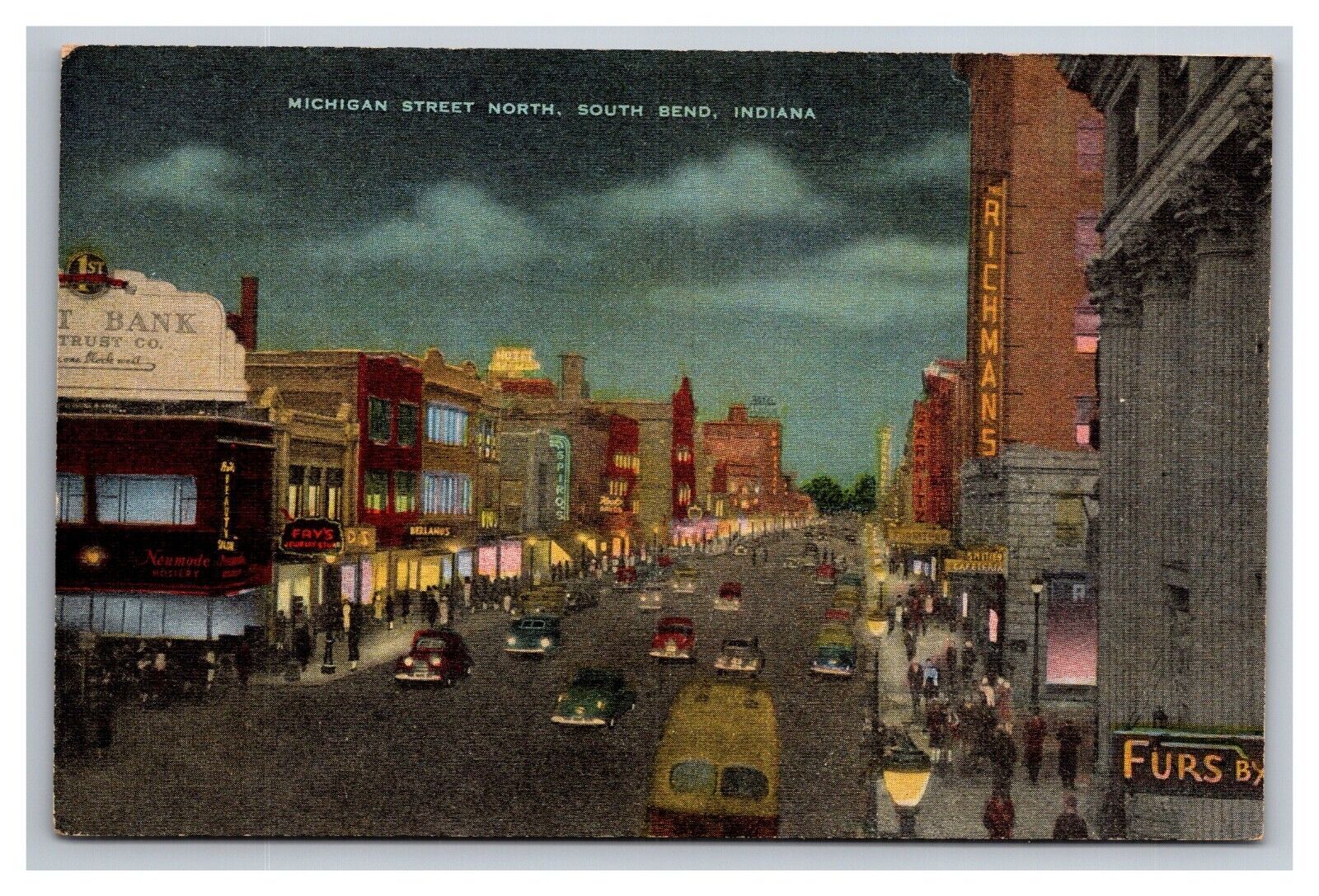 Postcard South Bend Indiana Michigan Street North at Night Street Scene