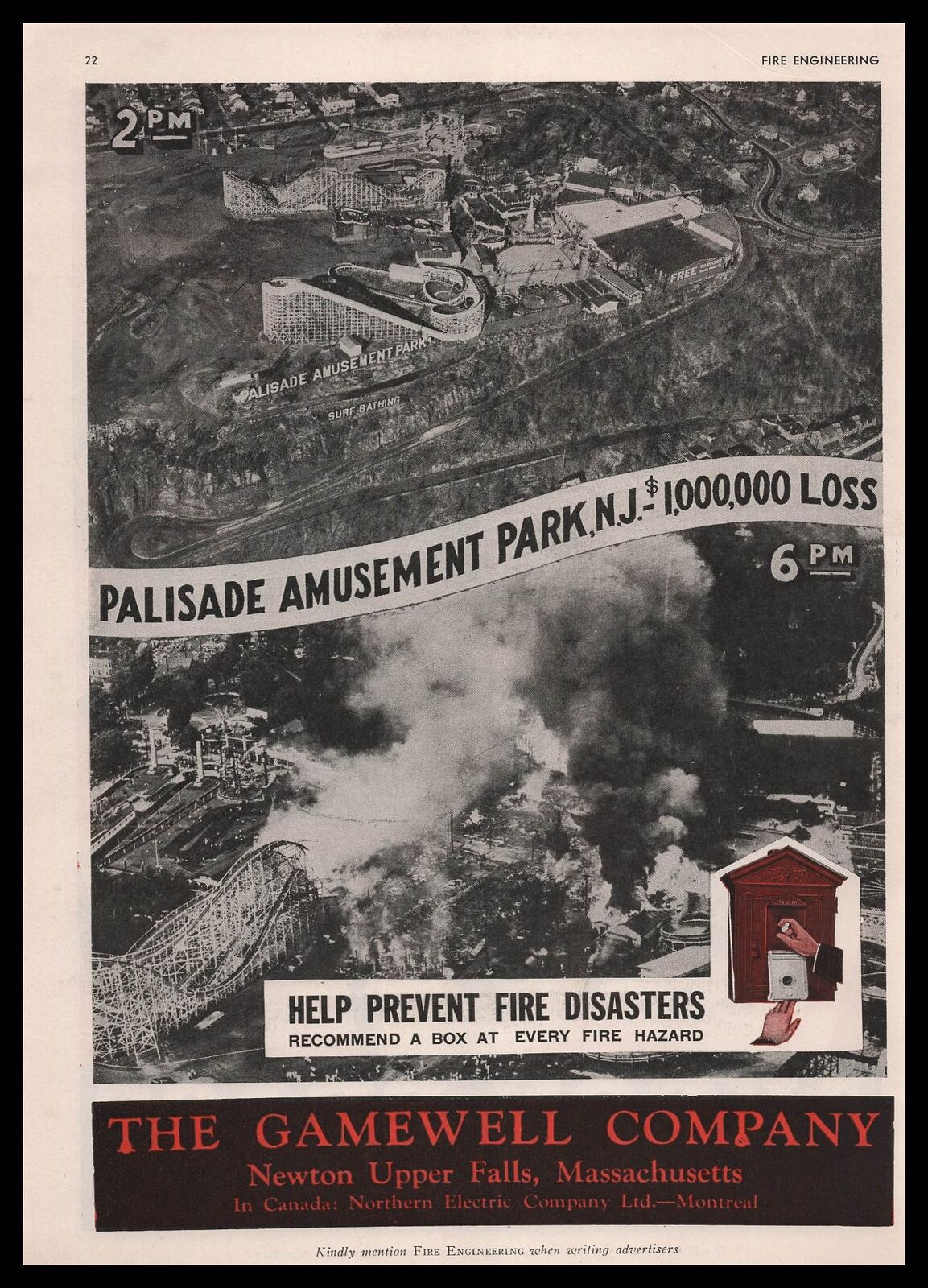 1945 Gamewell Alarm Palisade Park New Jersey Fire Photos Amusement Park Print Ad