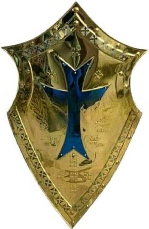 Medieval Larp Warrior Stainless Steel Templar Shield 28 Inch Gold Steel Shield