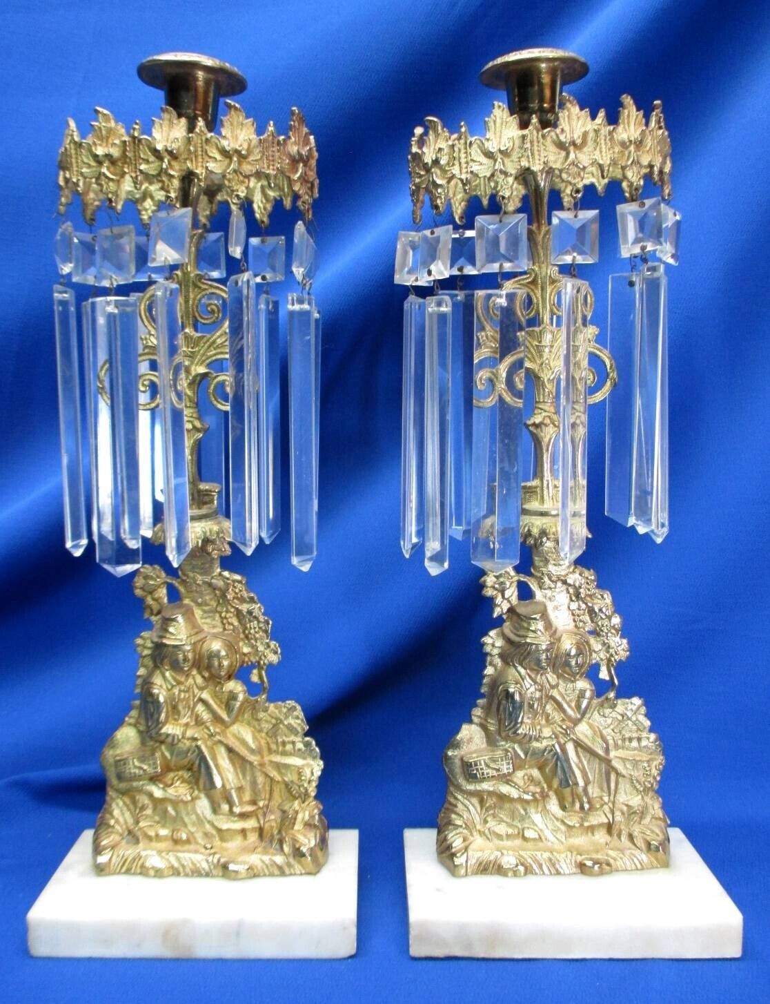 PAIR VICTORIAN BRONZE GOLD D'OR & MARBLE GIRANDOLE CRYSTAL PRISM CANDLESTICKS