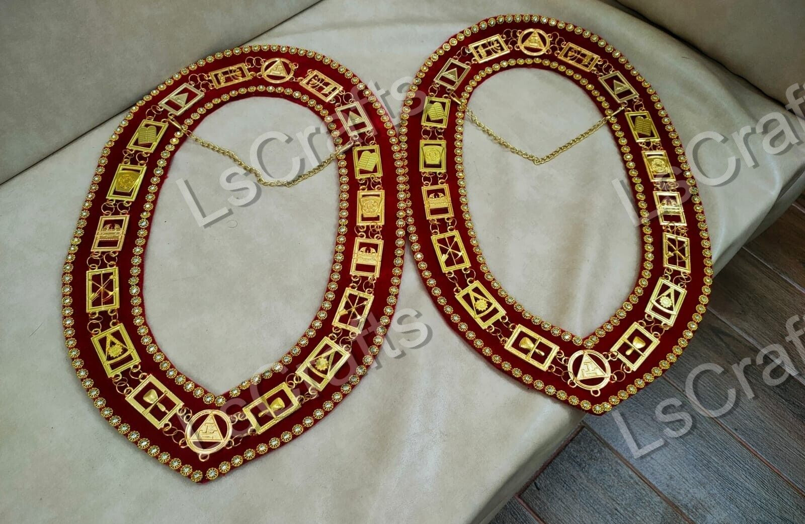 Masonic DELUXE ROYAL ARCH MARK MASTER Metal Chain Collar RED Backing Set of 2 PC