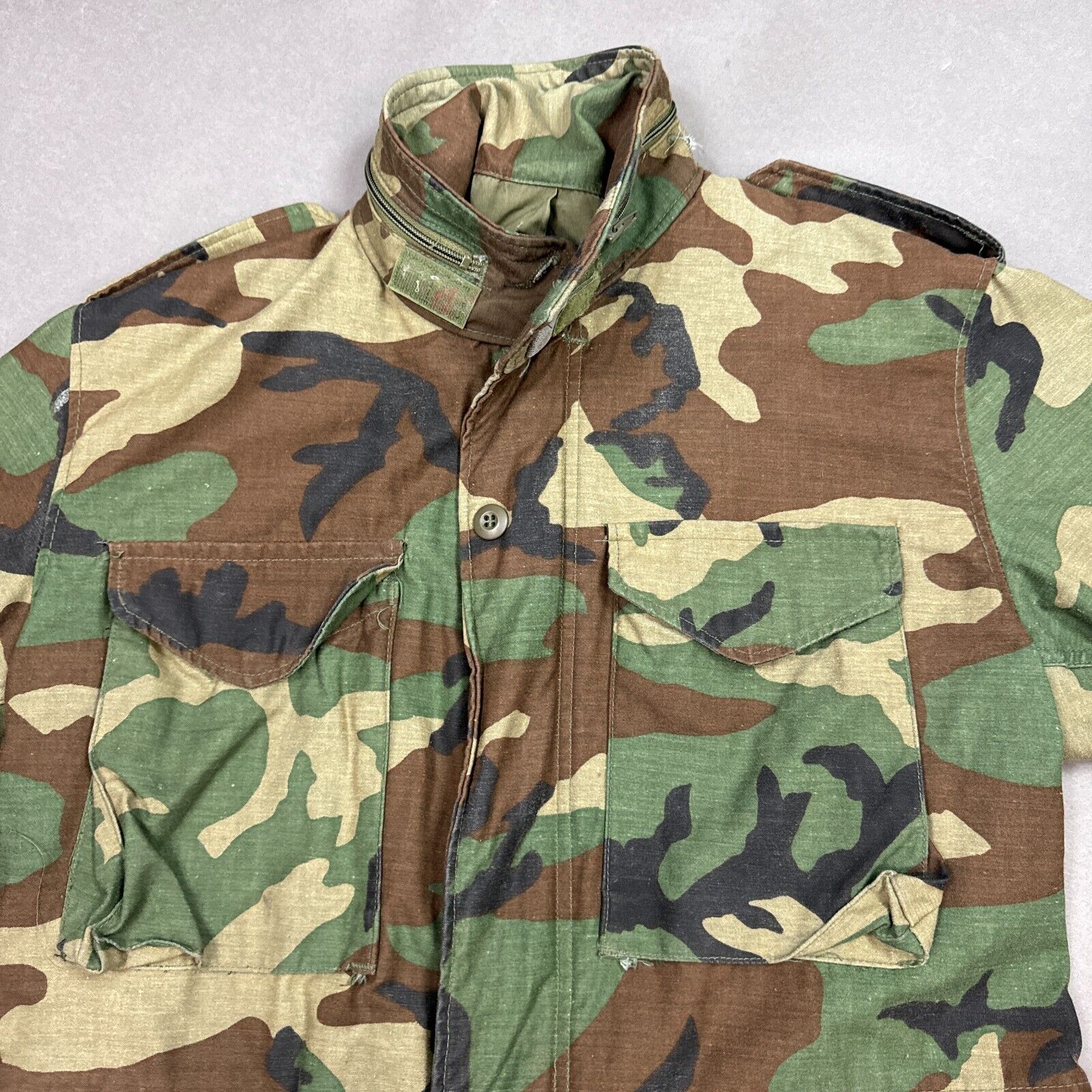 Vintage US Military Field Coat Men Small Green Cold Weather Camo Woodland Jacket