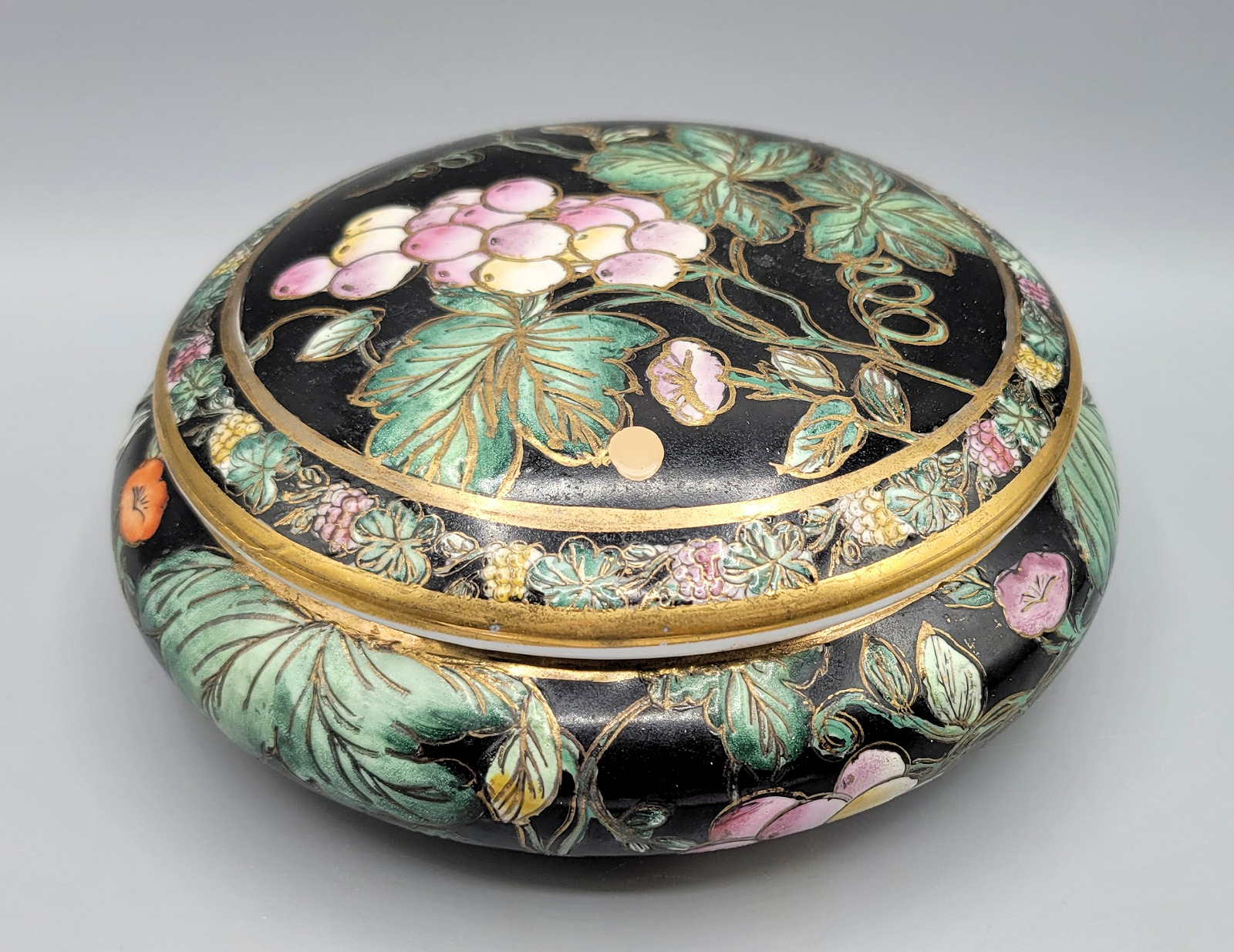 Vintage Chinese Cloisonne Enamel Grape Fruit Black Gold Porcelain Floral Bowl