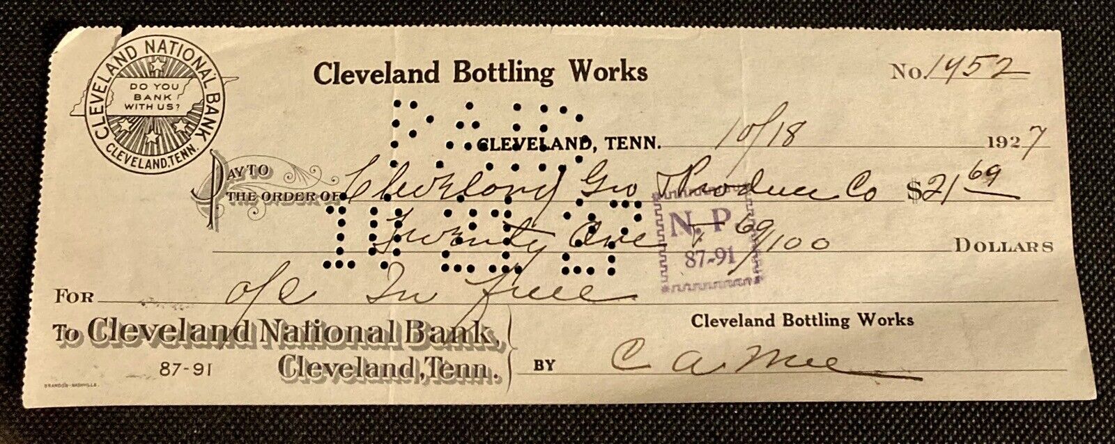 Cleveland Bottling Works - Coca Cola 1927 Check Cleveland, TN