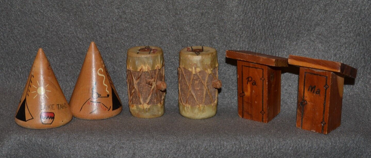 Salt and Pepper Shakers Wooden Vintage Lot of 3 TeePee Drums Outhouse 