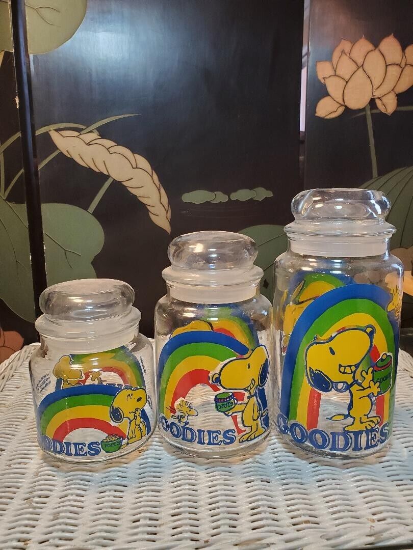Vintage Snoopy Woodstock Rainbow Goodies Glass Jar Set of 3 Canister Set