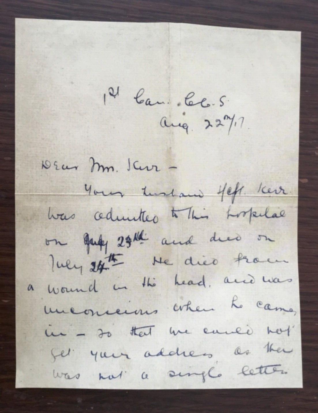 WW1 (2 SIDED) LETTER ON A LOVED ONE’S DEATH IN HOSPITAL : HISTORY (Reproduction)