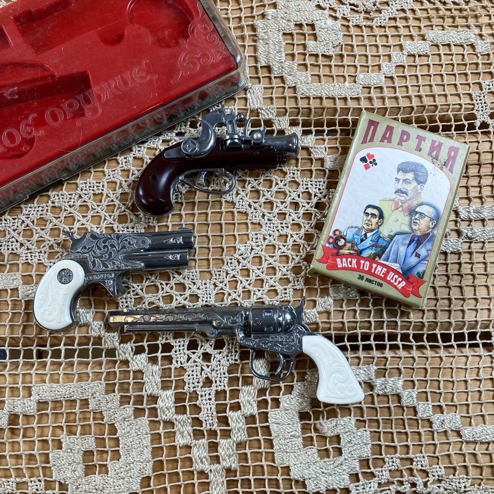 Vintage Soviet Russia Working Souvenir Pistol Set and Playing Cards