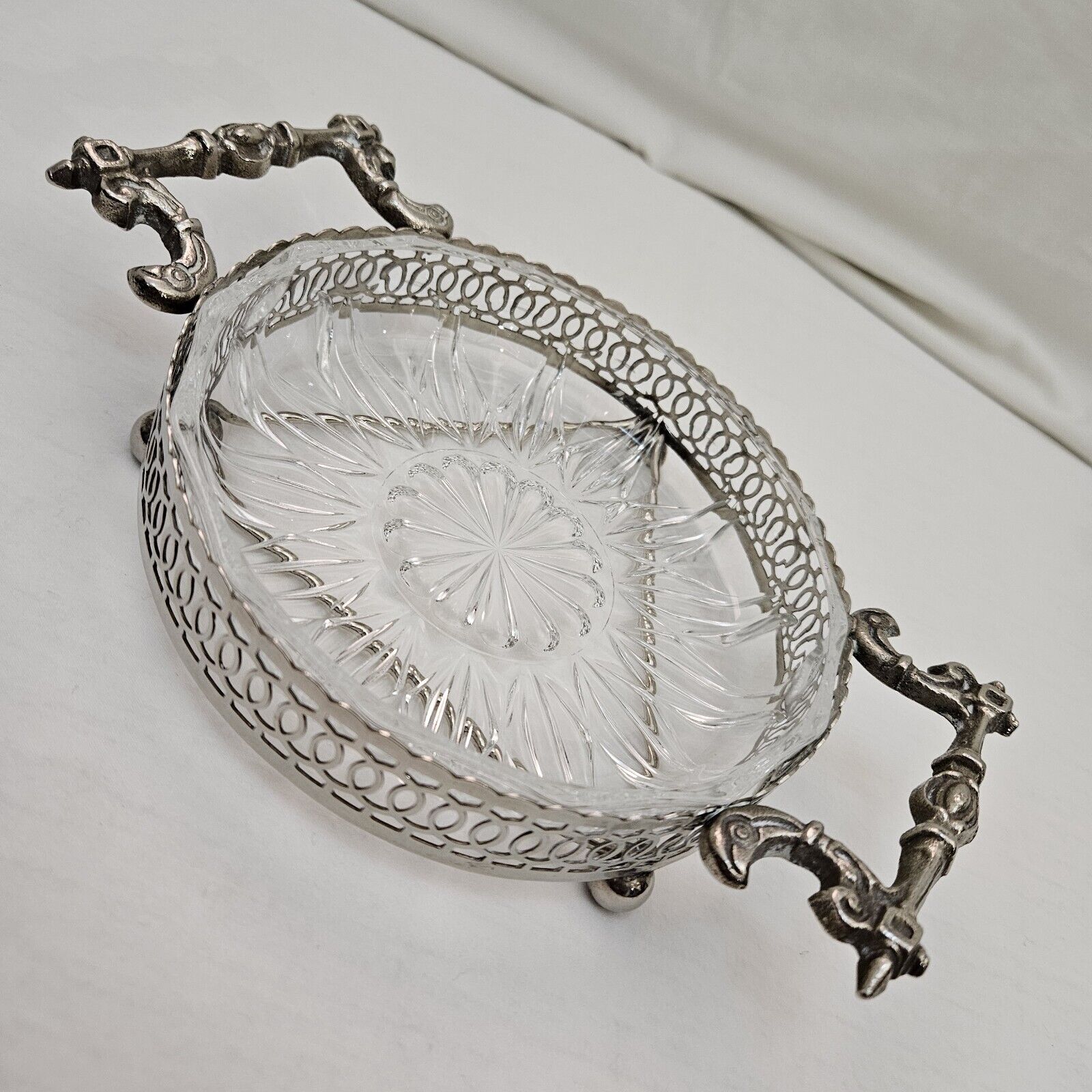 Vintage Silverplate Holder with Divided Glass Candy Dish Made In England